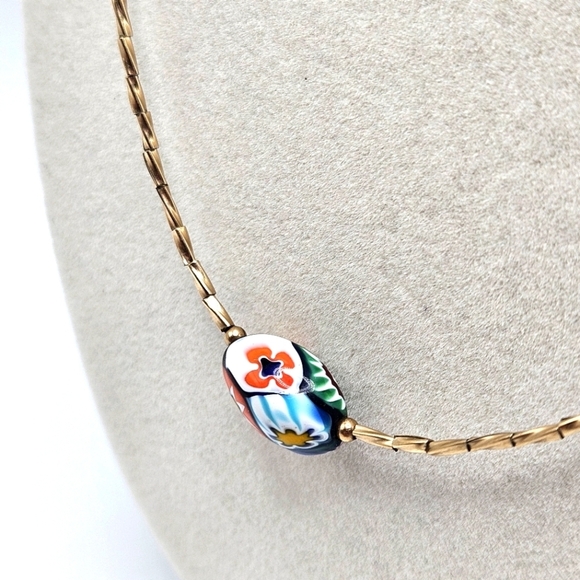 VINTAGE Italian Venetian Murano Millefiori Glass Bead Gold Filled Necklace - Picture 5 of 8